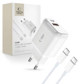 TECH-PROTECT C20W Încărcător CA cu 2 PORTuri + cablu USB Tip-C WHITE